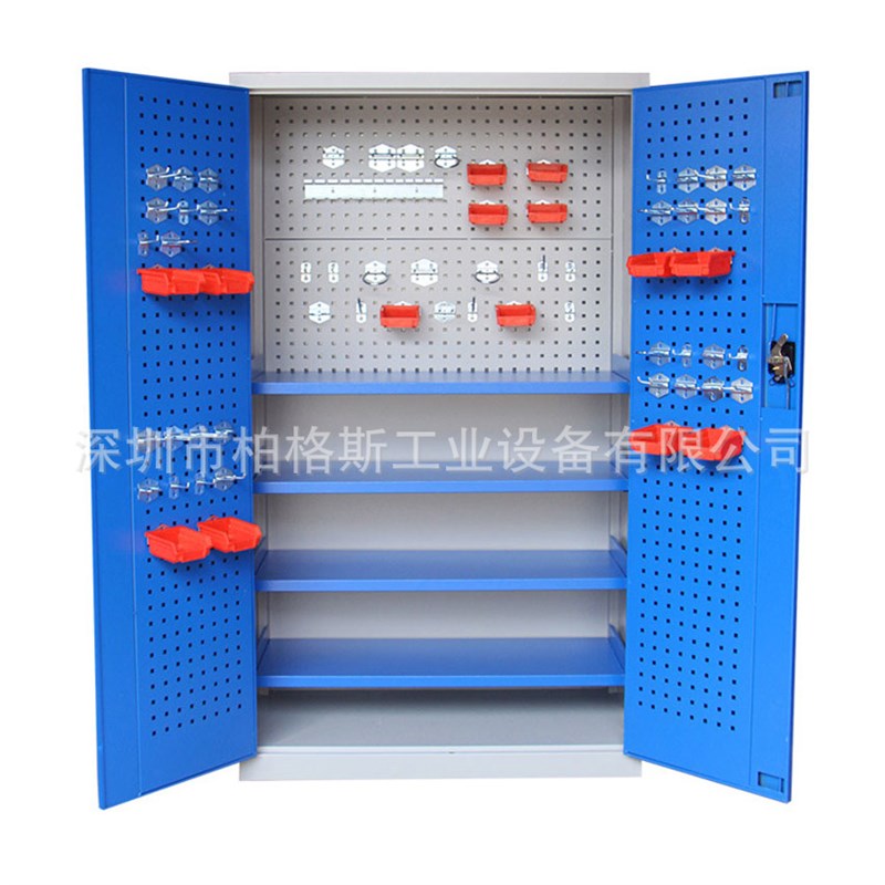 重型钢制工具柜置物柜双开门带挂板2抽屉4层板工具车带锁具储物柜