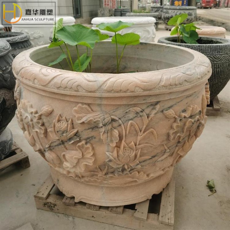 石雕鱼缸花盆天然青石荷花鱼缸庭院别墅户外家.用养鱼摆件