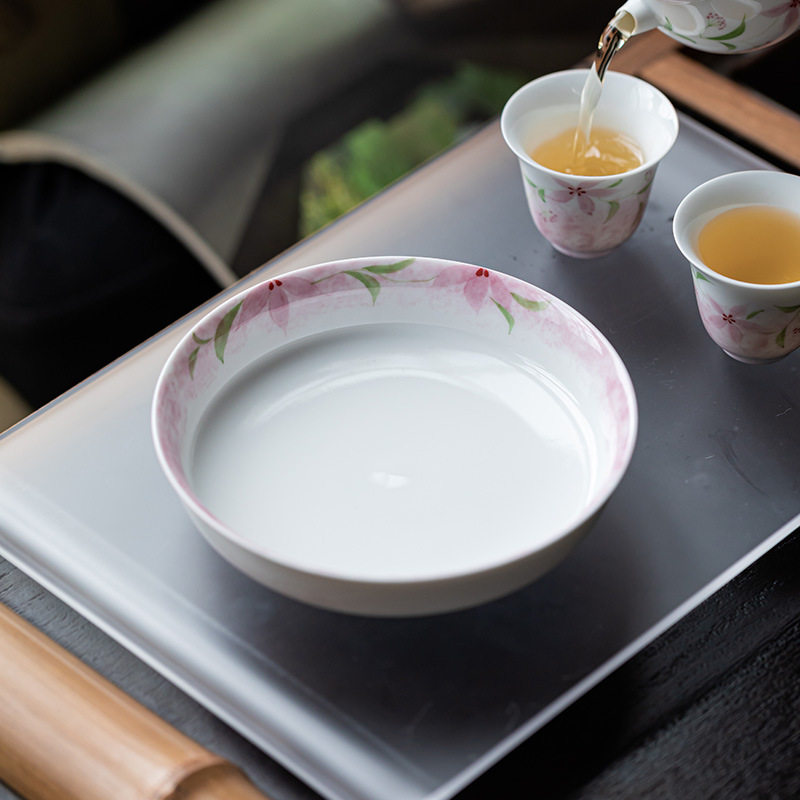 皓澜陶瓷手绘长春花圆形壶承盖碗底托干泡茶台茶托盘茶道零配件