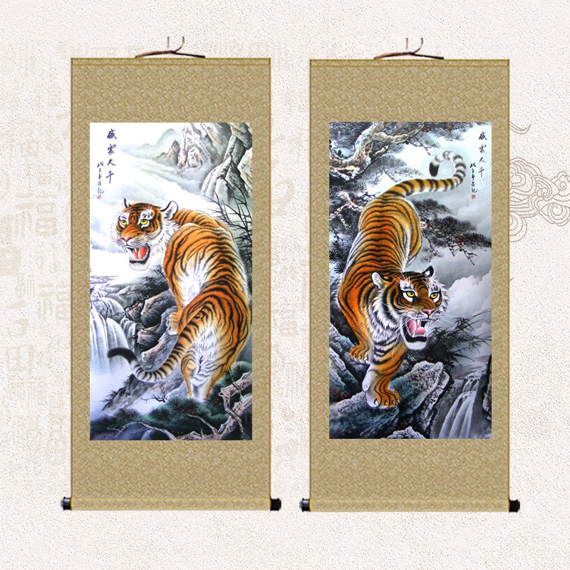 国画老虎画挂画客厅办q公室招财上山虎丝绸卷轴画下山虎玄关装饰