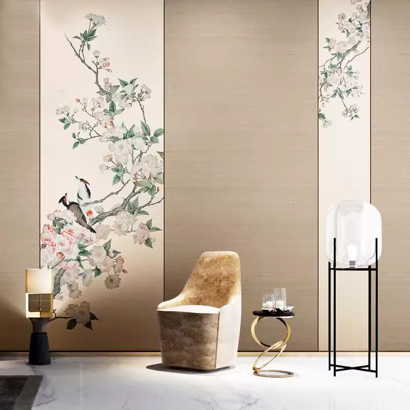 淡雅意境花鸟电视背景墙纸保中式壁布书房卧室环纺防潮无新布壁画