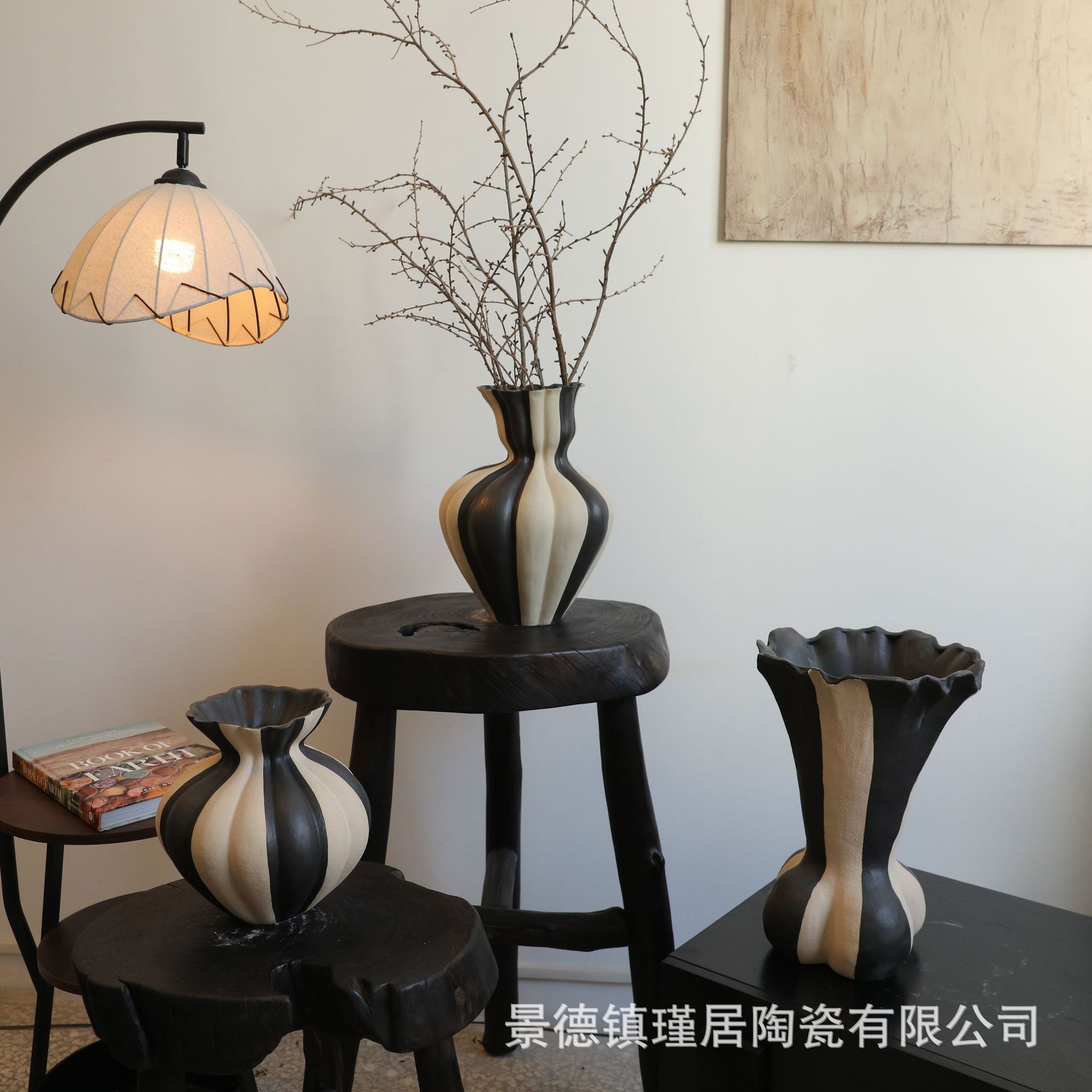 黑白之间系列创意艺术感纯手工高温烧制陶瓷手捏花瓶可水培桌面花