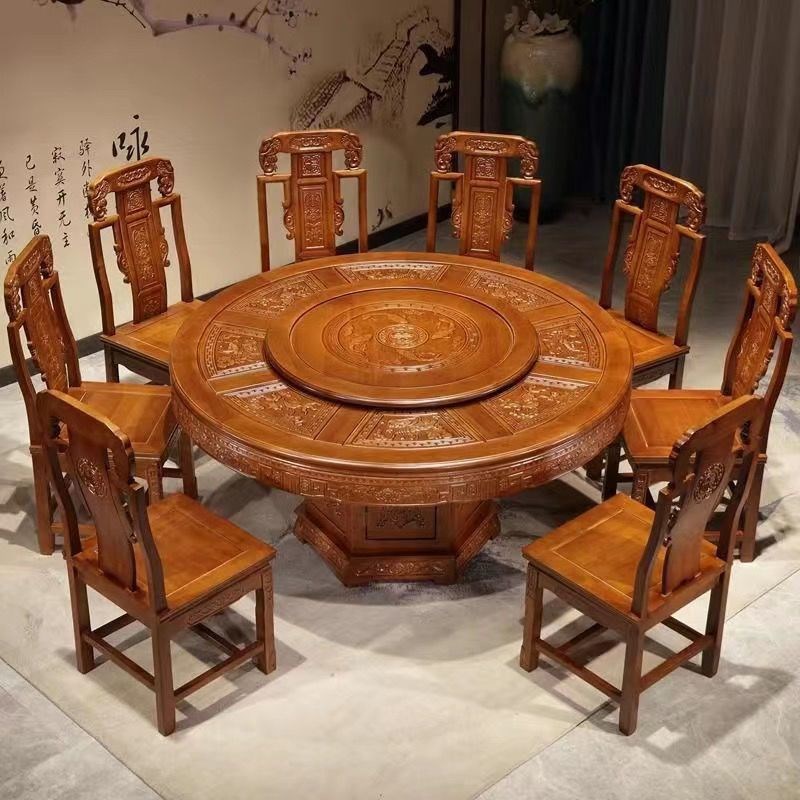 实木餐桌椅餐桌组合转盘中式圆桌家用G古典桌子橡木仿古雕花餐桌