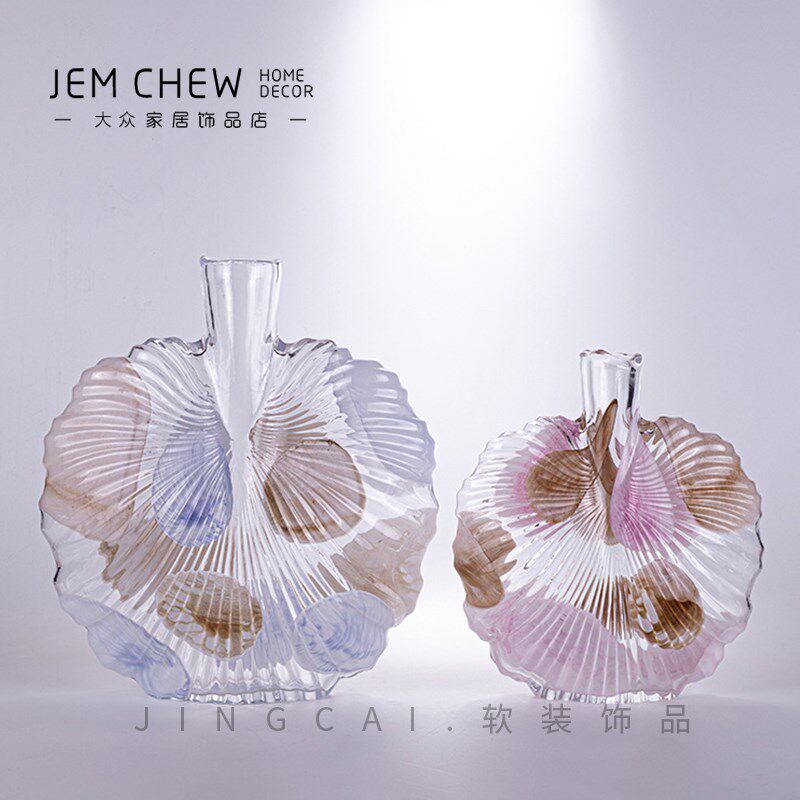 玄奢现代花纹创意扁形细口玻样花瓶璃板间售楼处客厅餐桌轻关卧室