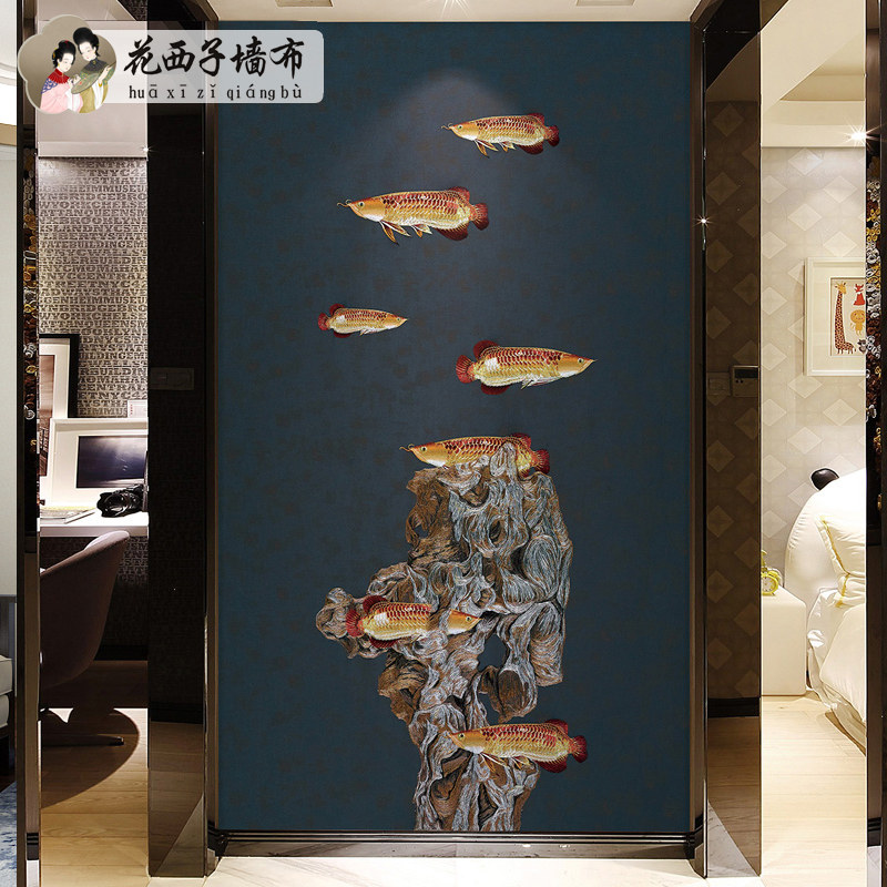 玄关独景新布刺绣电视背秀墙客厅墙中式石来运转独绣壁布