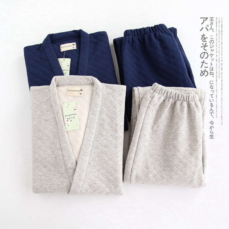 新款男士空气棉和服睡衣保暖秋冬季加厚棉质宽松大码居家作务套装