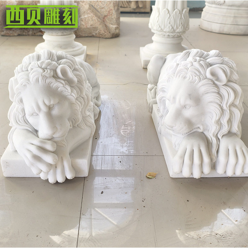 大理石石雕欧式石狮子爬狮雕塑公司银行别墅汉白玉汇丰卧狮雕塑