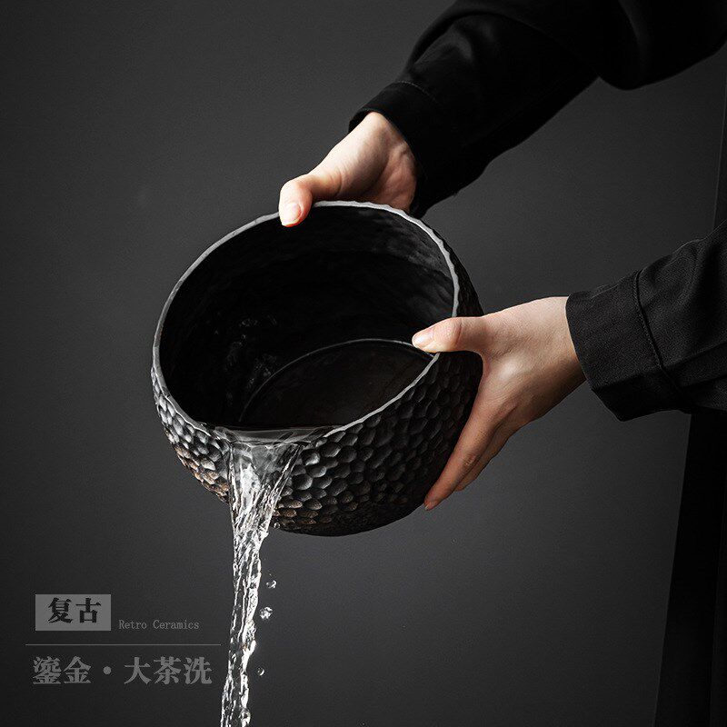 日式粗陶茶洗大h号茶杯洗鎏金锤纹建水陶瓷水盂茶具茶道配件茶渣
