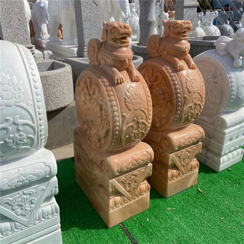 石雕门墩a仿古貔貅门墩狮子抱鼓石汉白玉晚霞红石鼓麒麟石墩