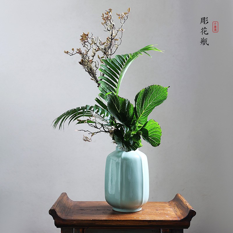 小原流縱筋彫花瓶陶瓷花器日式插D花器皿花道青瓷投入瓶客厅摆件