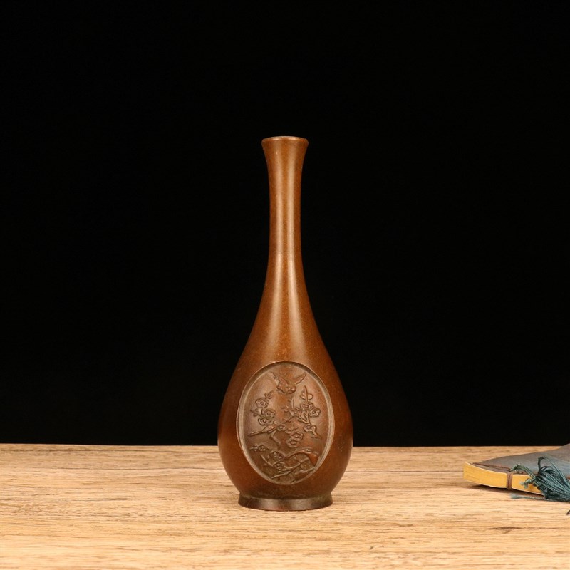 铜花瓶摆件 花鸟长颈瓶紫铜色花瓶摆件 家居T创意工艺品装饰