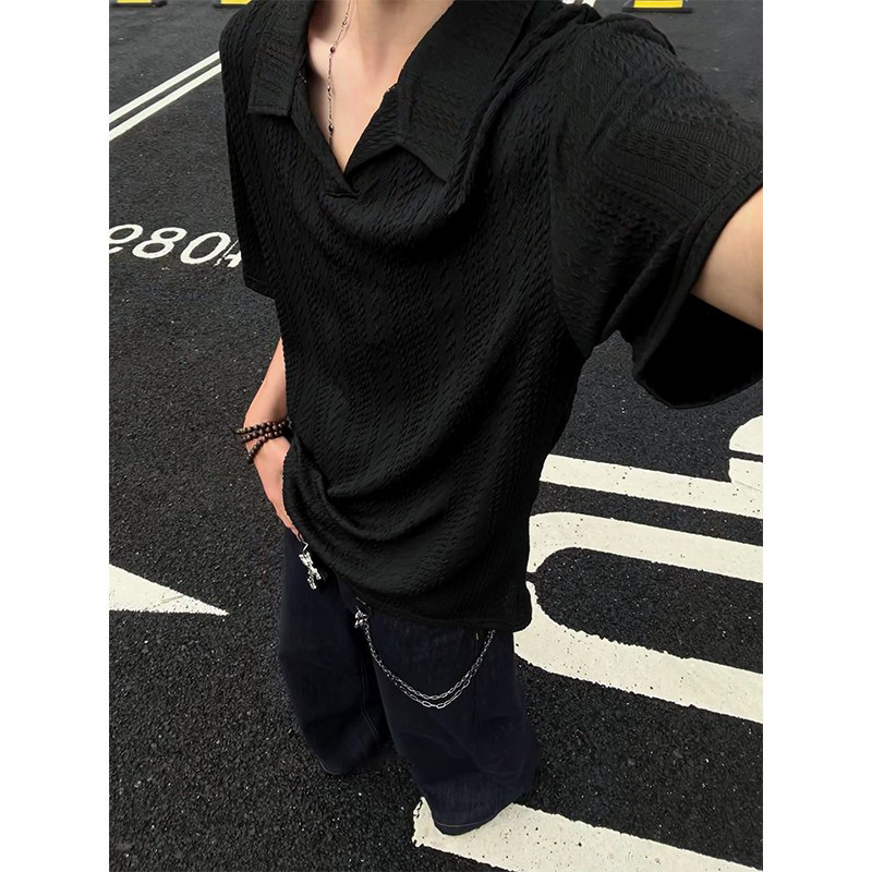 肌理感男女麻花条纹短袖polo衫V领夏季休闲百搭黑色宽松翻领T恤