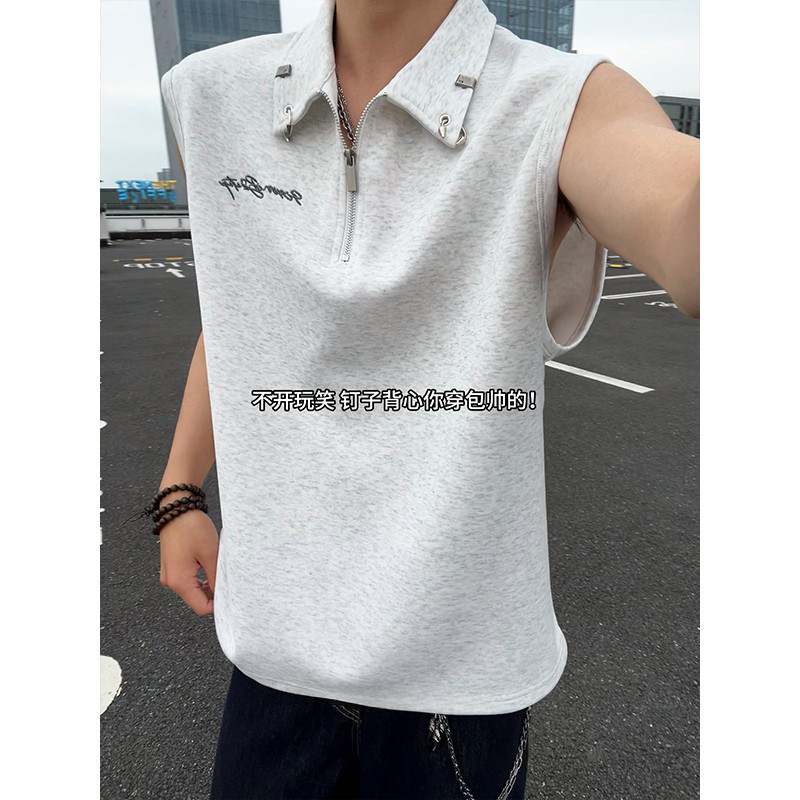 美式重磅半拉链铁环坎肩背心男女夏季正肩痞帅无袖高级感无袖T恤