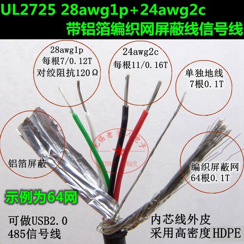 UL2725 28awg1p+24awg2c 带铝箔编织网USB2.0屏蔽线通讯用信号线