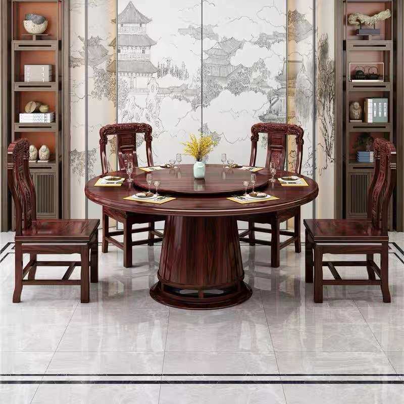 新中式乌金木实木餐桌椅现代简约餐厅饭店家用客厅聚会实木圆桌椅