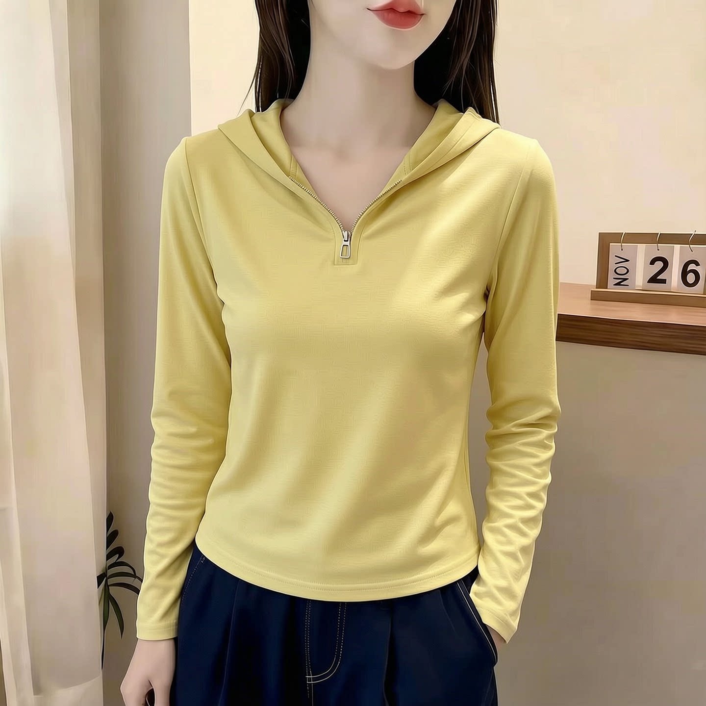 纯棉连帽半拉链正肩长袖卫衣女2026新款春秋薄款时尚衣服上衣t恤图片