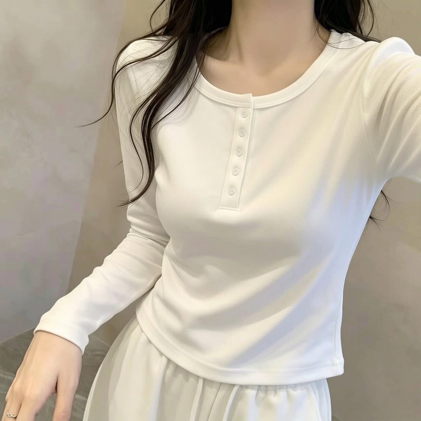 正肩白色长袖上衣女装2026新款内搭外穿打底衫小衫衣服t恤小个子