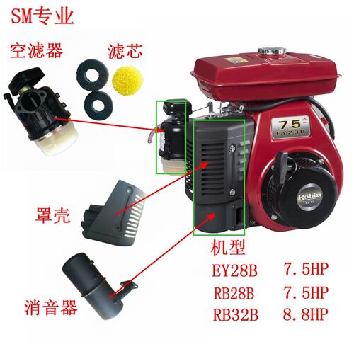 罗本RB28B 7.5HP RB32B 8.8马力汽油机油浴空滤器 消声音器 罩壳