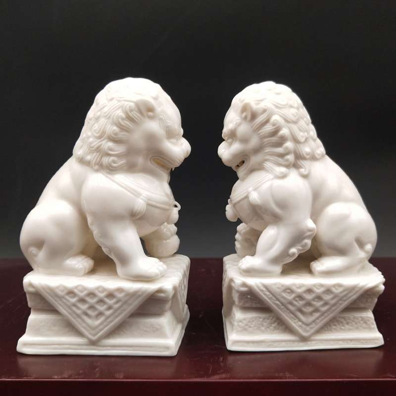 德化陶瓷白瓷对狮摆件手工动物雕塑刘铭志中式家居装饰客厅饰品