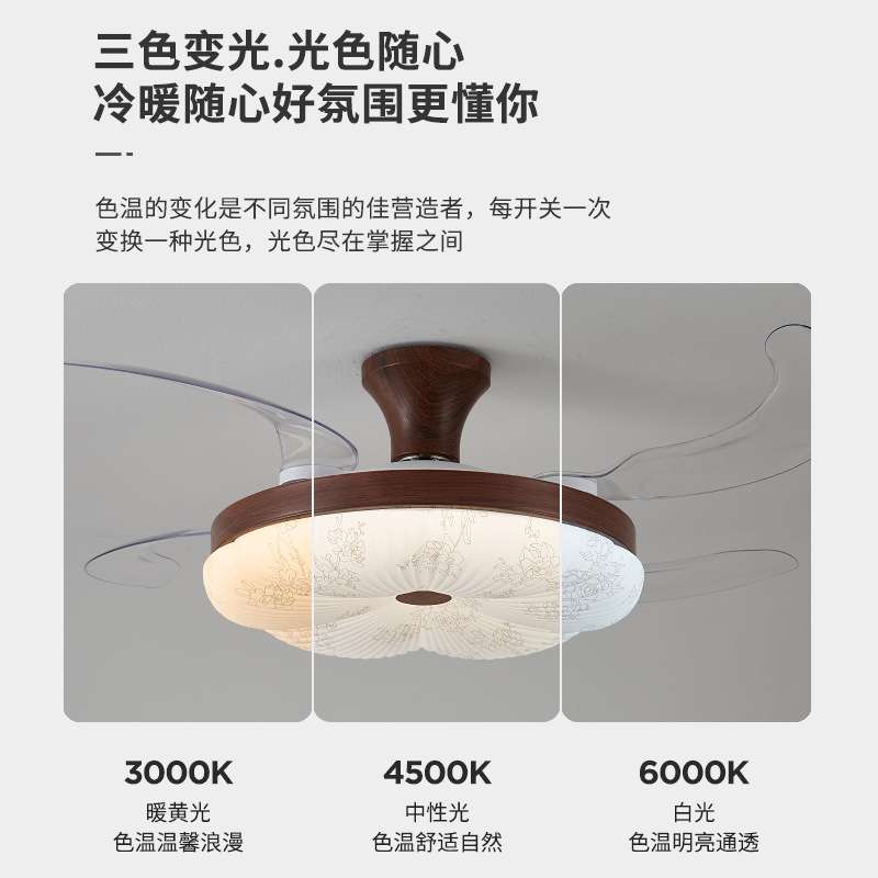 卧室风扇灯卧室中式宋代美学胡桃木色护眼亚克力房间吸顶餐厅灯具