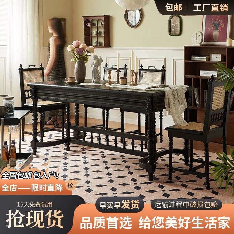法式复古实木家用长方形美式雕花原木餐桌轻奢现代简约黑色方桌子