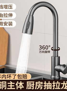 灰厨房龙头抽拉式冷热二合一家用延伸防溅水槽洗碗池洗菜盆水龙