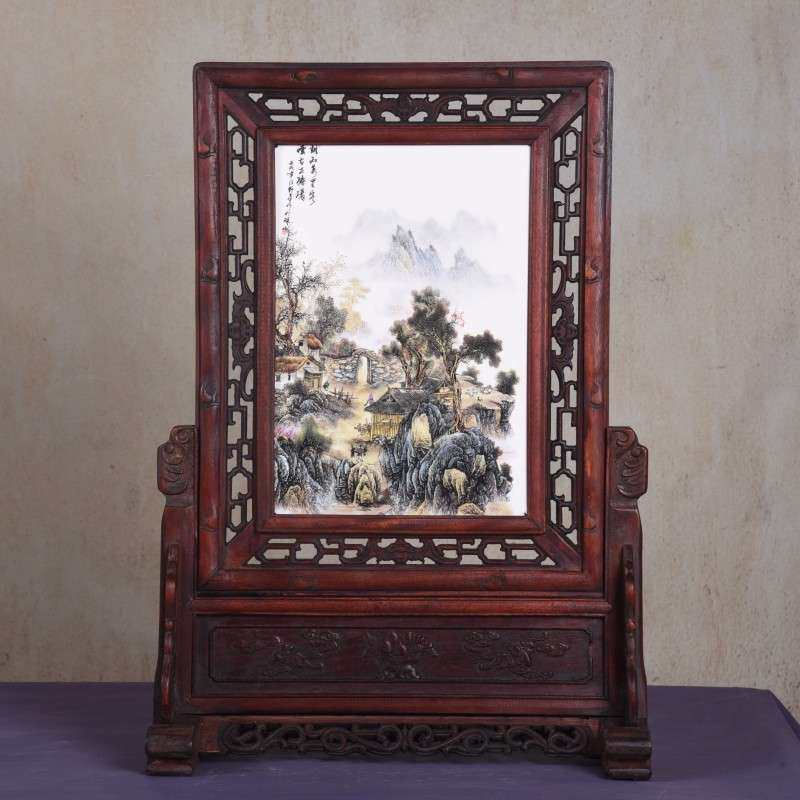 仿古实木框陶瓷板画插屏坐屏瓷板画 中式家居中堂古典装饰品摆件