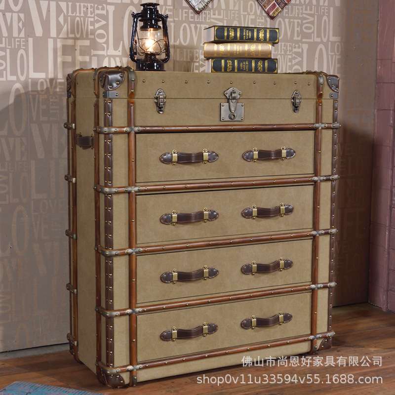 复古美式乡村LOFT工业风四抽柜子做旧帆布藤条设计师创意斗柜边几