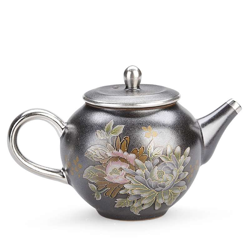 鎏银茶壶小号复古纯手工家用中国红冲茶器茶具单壶陶瓷泡茶牡丹壶