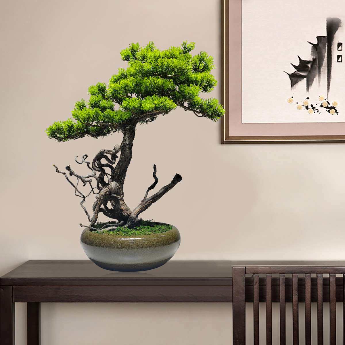 仿真迎客松盆景绿植盆栽客厅电视柜玄关办公室家居装饰新中式摆件