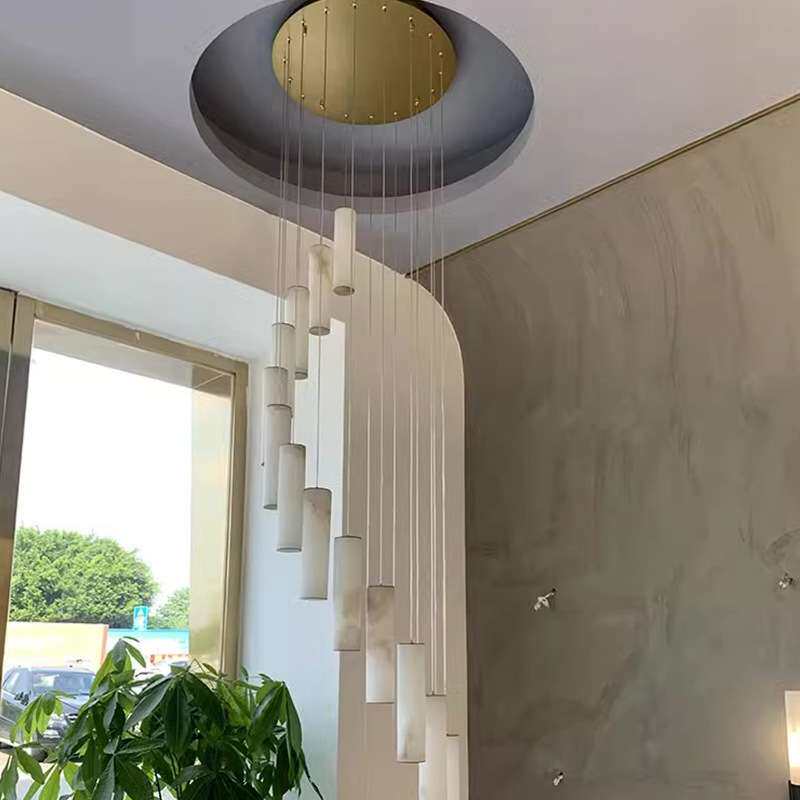 旋转楼梯吊灯新中式全铜进口云石灯自建房天井复式公寓转角长吊灯