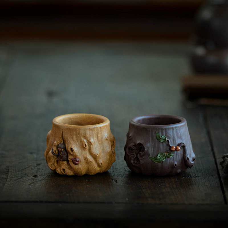 宜兴紫砂杯手工梅桩树桩品茗杯主人杯子贴花叶寿桃单杯茶碗茶具