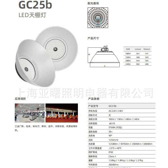上海世纪亚明GC25b工矿灯厂房车间超市用200W大功率LED防水天棚灯