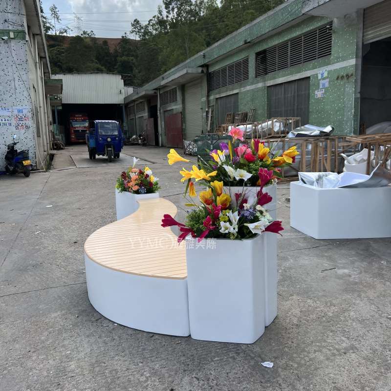 玻璃钢木纹长条休闲椅组合花盆商场长廊座椅户外广场坐凳长椅