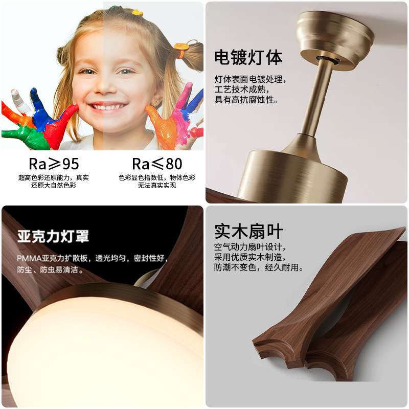 中古风古铜色风扇灯实木餐厅电扇灯卧室书房客厅复古全光谱吊扇灯