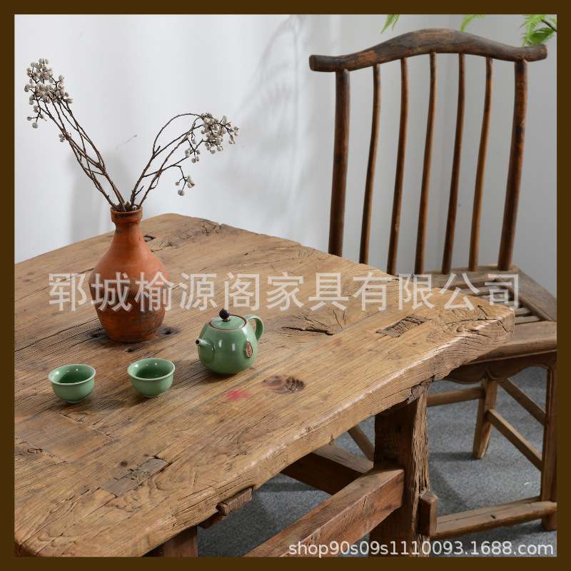 老榆木门板茶桌茶台小方桌子八仙桌实木正方形中式老木头桌椅组合