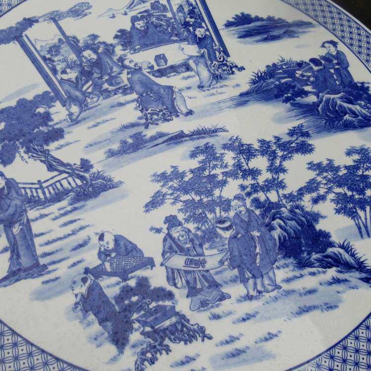 陶瓷桌椅摆件 陶瓷桌子凳子家居庭院中式摆件青花瓷竹林七贤圆桌