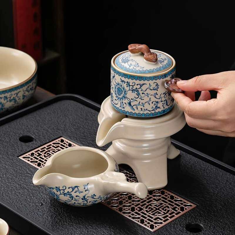 汝窑青花石磨自动茶具创意旋转懒人功夫泡茶器茶壶茶杯泡茶具套装
