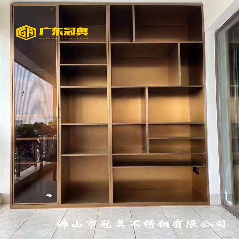 发光轻奢开放格酒柜企业展厅嵌入式不锈钢展示柜钛金色不锈钢展柜