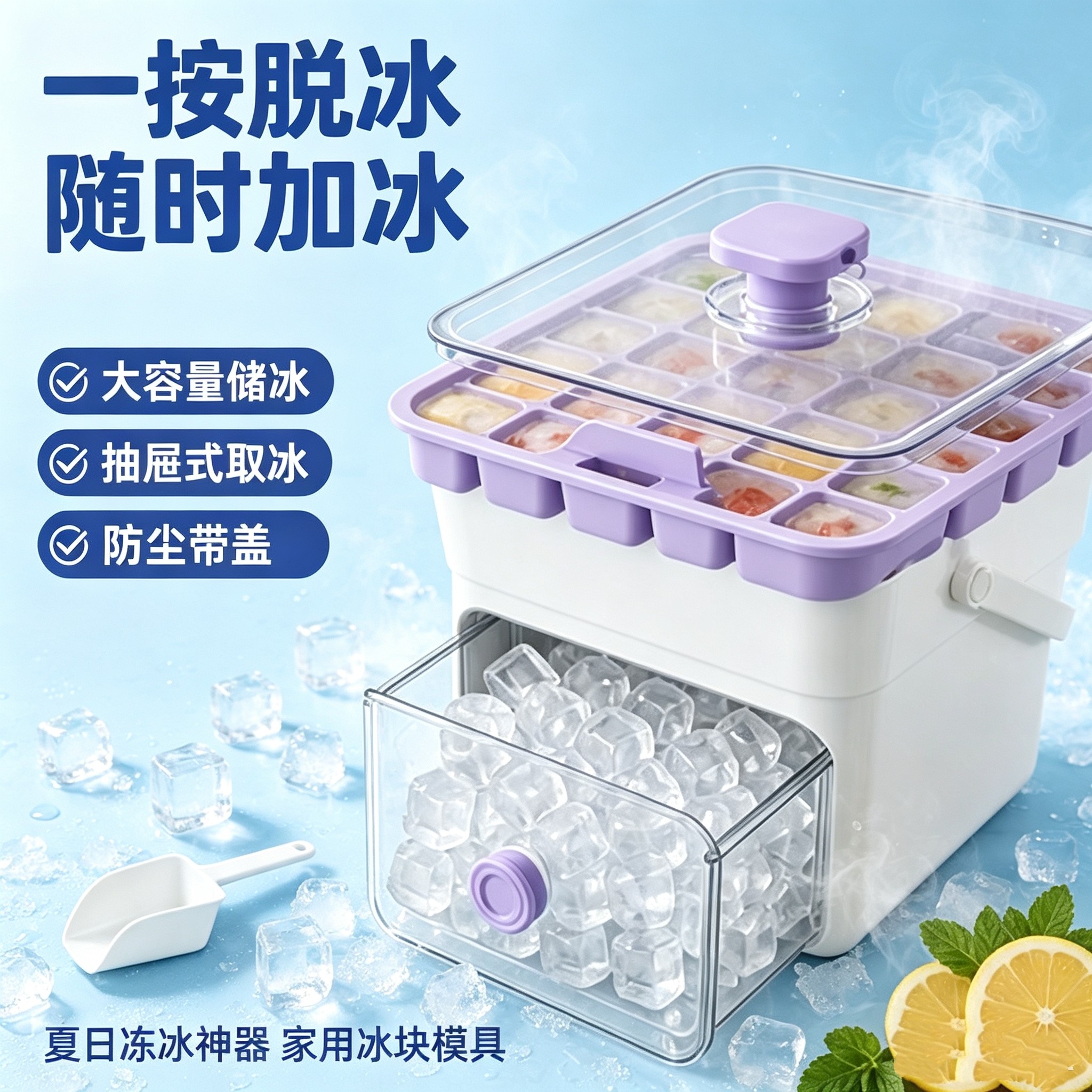 按压抽屉式制冰盒防尘储冰盒一键脱冰食品级冰块模具夏日冻冰神器