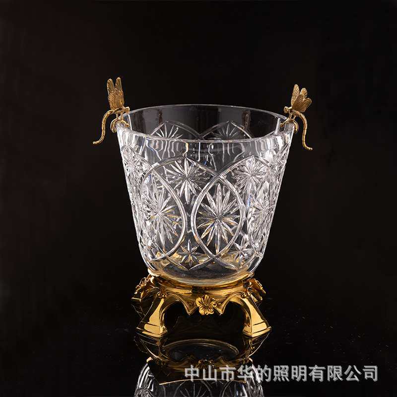欧式高档奢华客厅茶几酒桶法式水晶玻璃镶铜轻奢手工艺果盘摆件