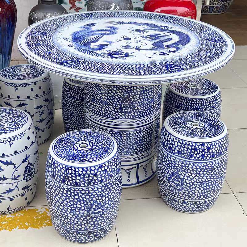陶瓷桌椅摆件 手绘青花缠枝莲大号瓷桌家居户外庭院休闲餐桌