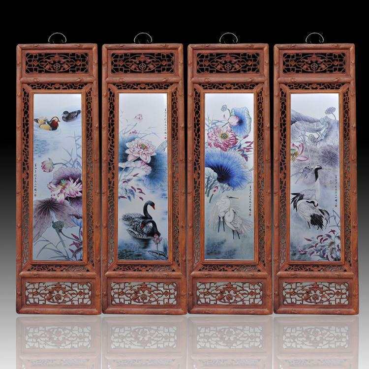 景德镇陶瓷瓷板画 粉彩荷花鸟四件套屏风挂画 客厅书房壁画