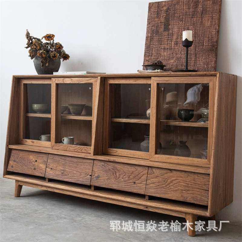 老榆木餐边柜实木客厅靠墙茶水柜民宿玻璃储物收纳柜新中式展示柜