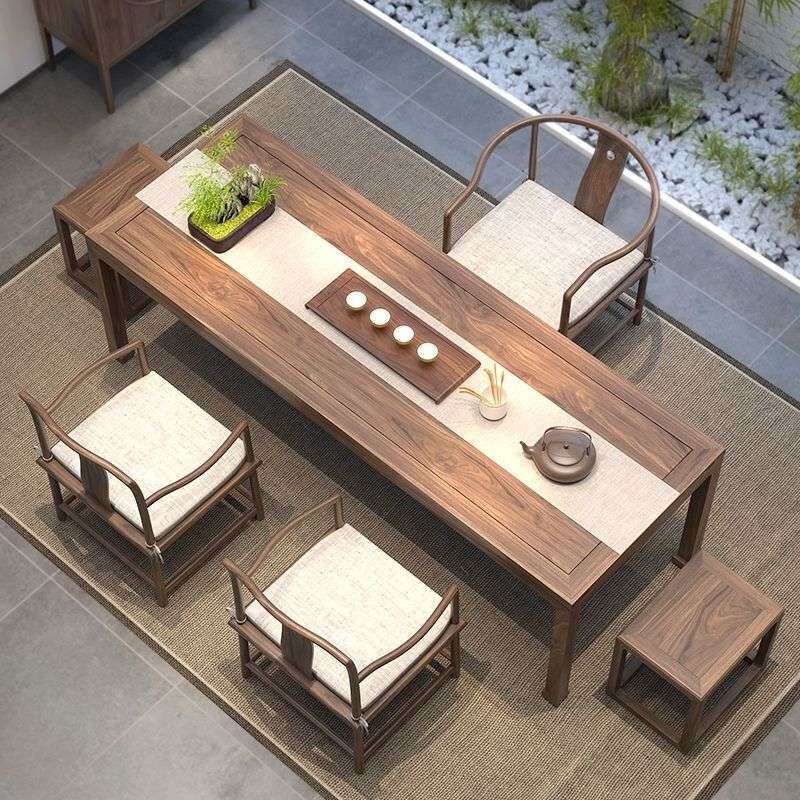 老榆木茶台实木茶桌简约休闲椅方凳新中式泡茶桌椅组合原木餐桌