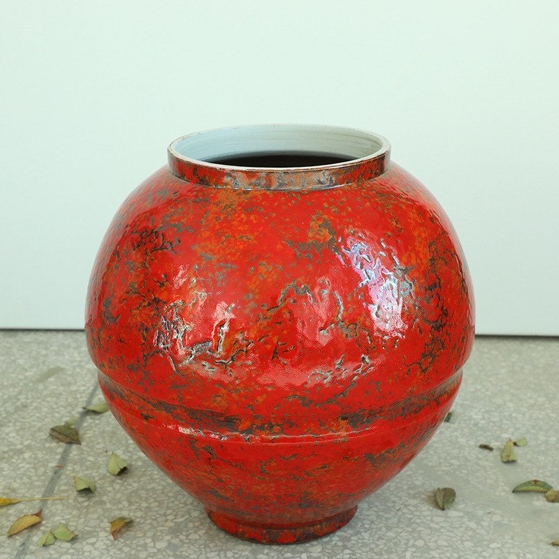 景观园林装饰插花j摆件石榴红色大型月亮罐陶瓷落地花瓶油画罐民
