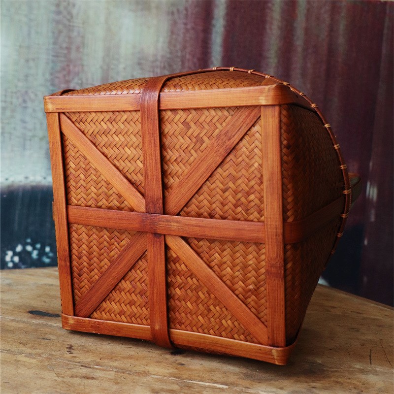 竹制品做旧仿古日式食盒 手w工编织提篮 中式居家摆件 竹制工艺品