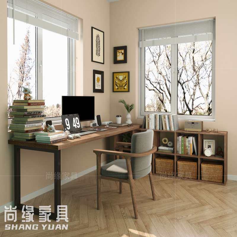 实木转角书桌书柜一体组合 书房l型大板办公桌家用拐角双人电脑桌
