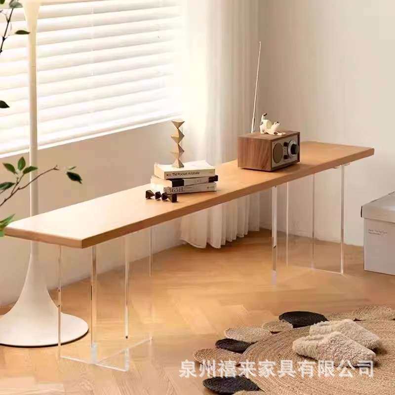 北欧长条凳实木餐椅长板凳极简原木餐桌白蜡木松木亚克力悬浮长凳