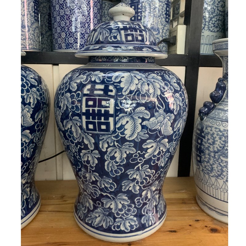 大号青花瓷器喜字储物罐陶瓷大花瓶客厅将军罐盖罐W瓷器中式大摆